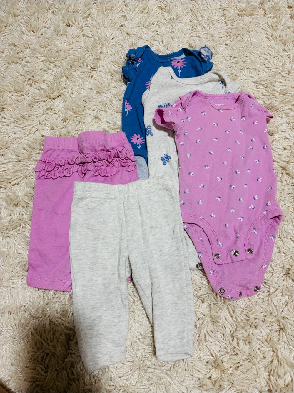 Size 0-3 months baby girl matching onesies and ruffle bottom pants bundle